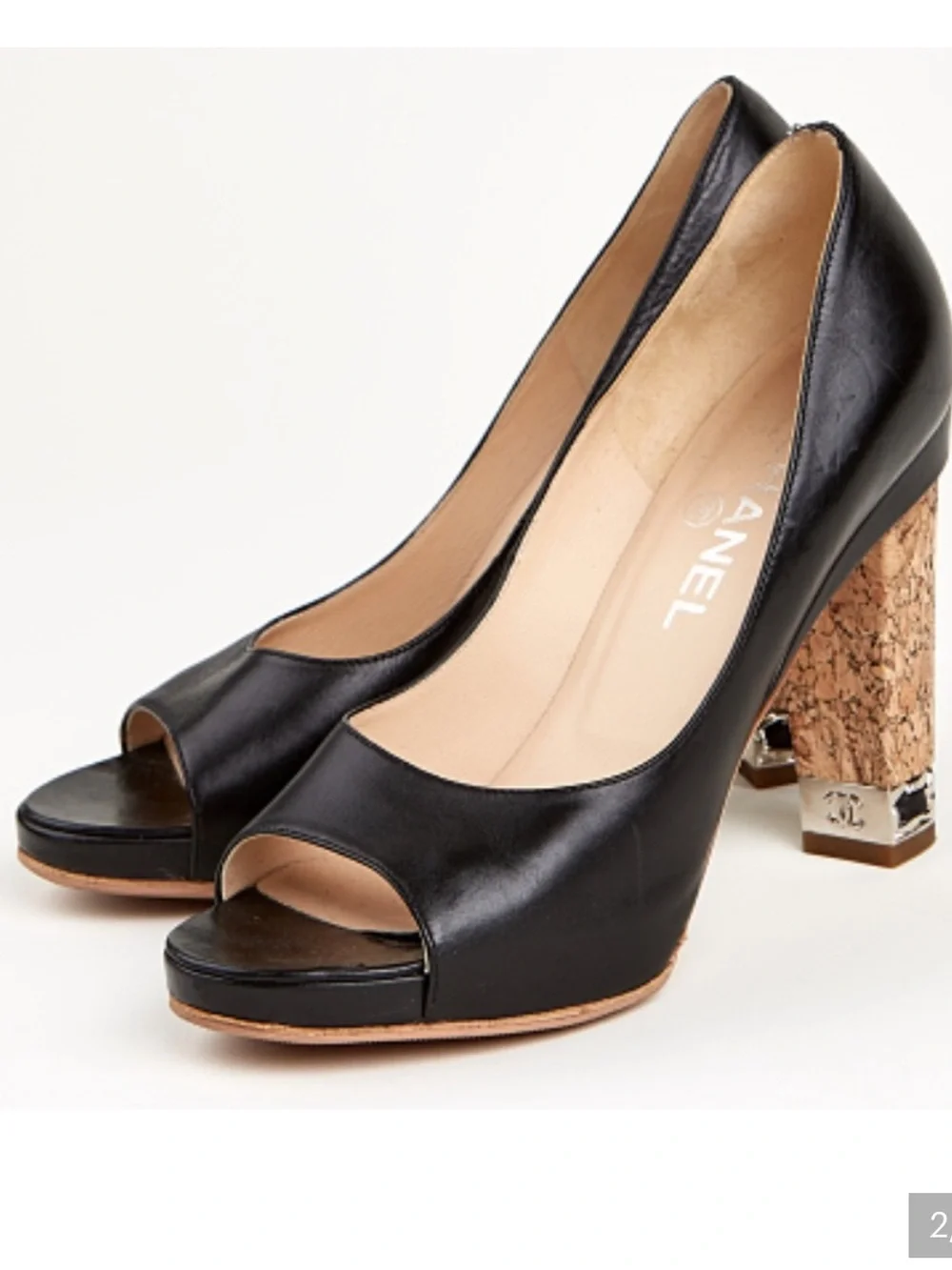 CHANEL Black Leather Cork Block Heel Peep-Toe Pumps EUC
